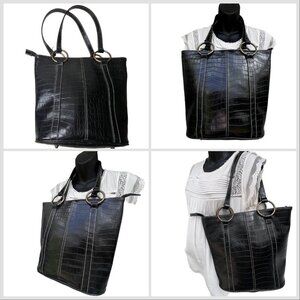 VTG Y2K Black Crocodile Effect Shoulder Bag Tote Double Handles Faux Leather